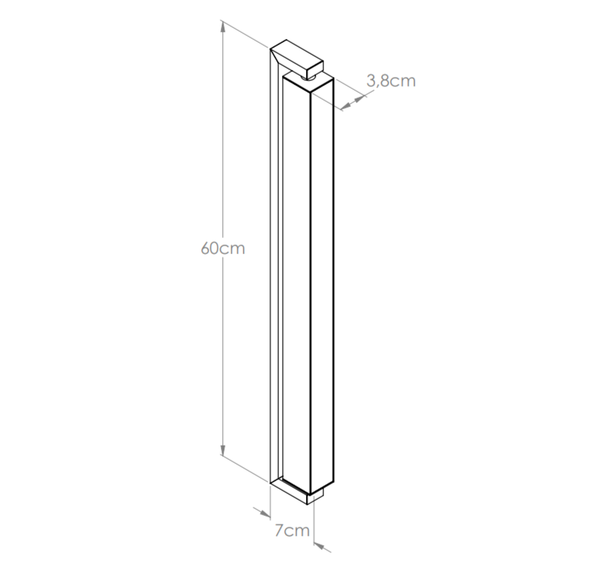 Desenho técnico da arandela moderna Bella Itália para parede, com dimensões de 50cm de altura, 12cm de largura e 6cm de profundidade.
